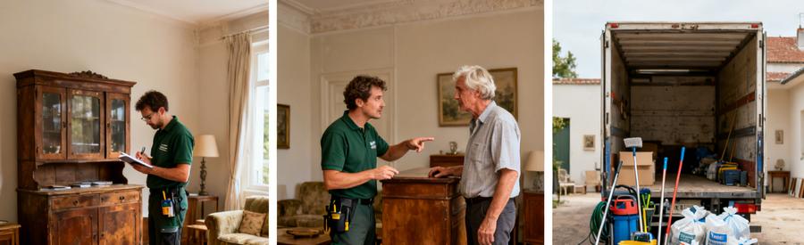 Débarrasseur évalue des meubles et discute des objets à revendre dans un salon, montrant le processus de débarras.