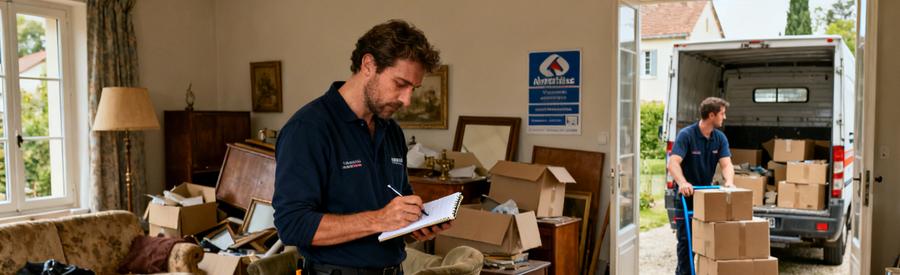 Deux professionnels du débarras à Athis-Mons évaluent des meubles et chargent des cartons dans une camionnette.