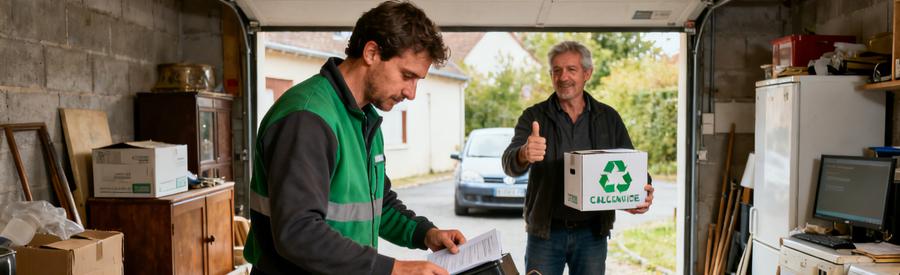 Un débarras professionnel à Belfort trie des objets pour le recyclage et valorisation, dans un garage encombré.