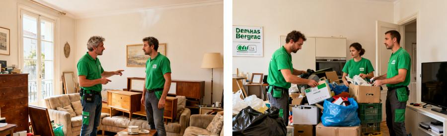 Professionnels du débarras à Bergerac évaluant et triant des objets pour recyclage et dons.