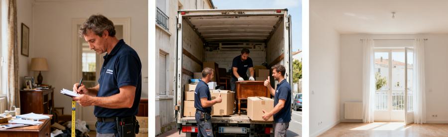Débarrasseur évaluant un appartement, équipe chargeant une camionnette, appartement vidé et propre à Berre-l'Étang.