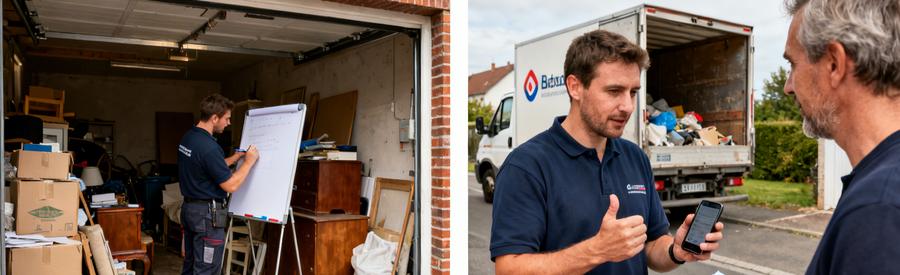 Un professionnel évalue un garage encombré à Béthune et discute avec un client, montrant la procédure de débarras.