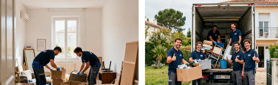 Deux scènes : débarras d'un studio étudiant et déménagement d'un pavillon à Blagnac avec des professionnels souriants.