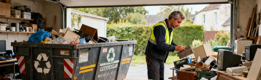 Professionnel du débarras à Blois triant des objets dans un garage, avec une benne de recyclage à proximité.