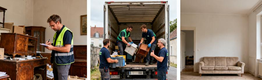Scènes illustrant le processus de débarras à Bruay-la-Buissière, montrant évaluation, chargement et espace vidé.