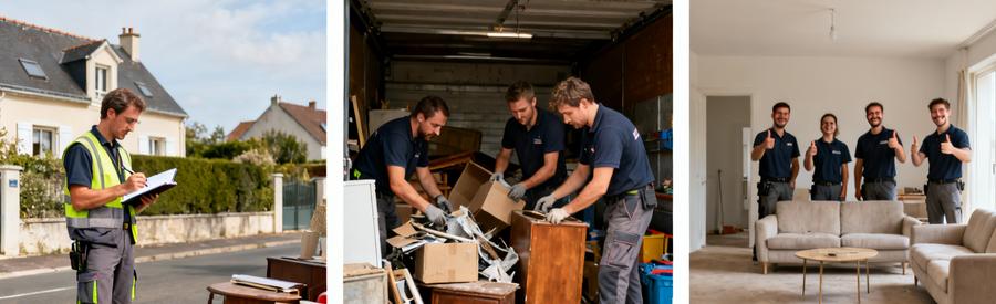 Processus de débarras à Calais, avec évaluation, tri et espace vide après intervention.