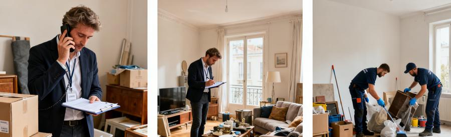 Déroulement d'un débarras à Carvin, montrant un professionnel en contact, l'évaluation sur place et l'équipe en train de débarrasser.
