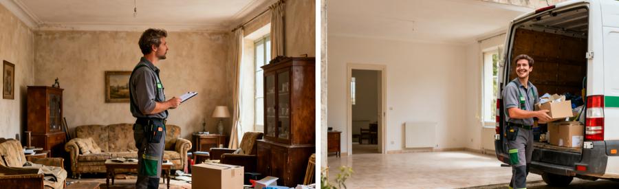 Débarras professionnel à Castelnaudary, avant et après : salon encombré transformé en espace vide et propre.