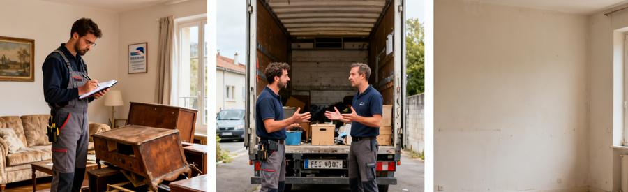 Scènes de débarras à Cavaillon : inspection d'objets, évaluation par des pros, pièce vide après le service.
