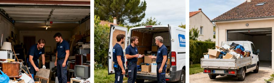 Professionnels du débarras à Cavaillon évaluant des objets dans un garage et discutant avant de quitter avec une camionnette pleine.