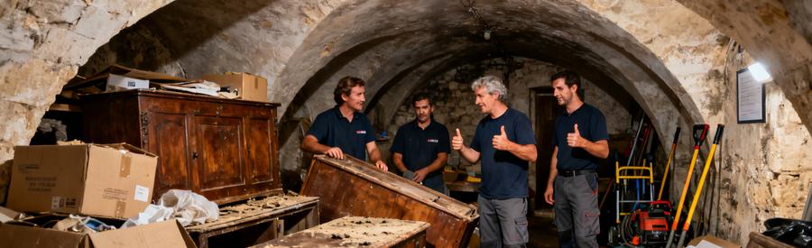 Une équipe de débarras professionnels dans une cave voûtée à Alès, examinant vieux meubles et cartons en préparation du nettoyage.