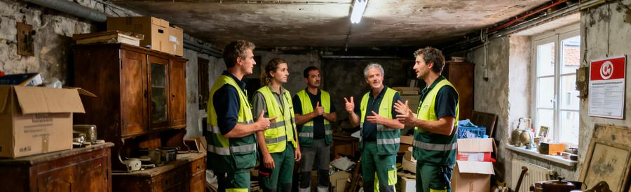 Professionnels débarras inspectent une cave encombrée d'une maison valenciennoise, montrant leur expertise.