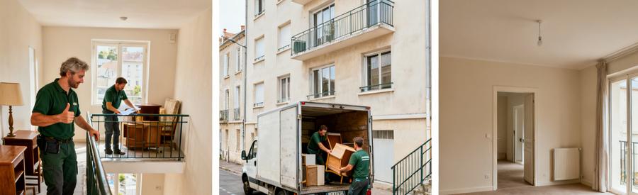 Évaluation de meubles, déménageurs chargent et appartement vide à Chalon-sur-Saône, illustrant le processus de débarras.