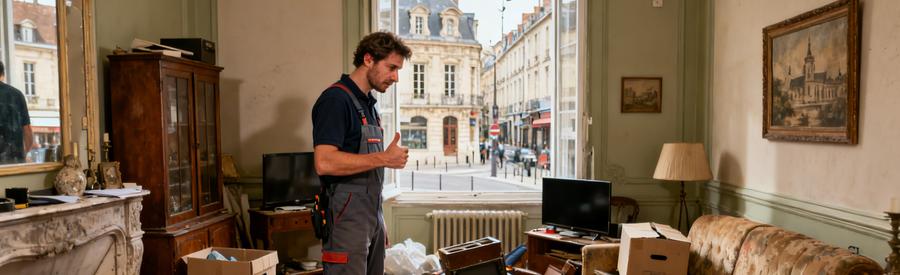 Débarras professionnel à Châlons-en-Champagne, un expert évaluant des objets dans un salon encombré.
