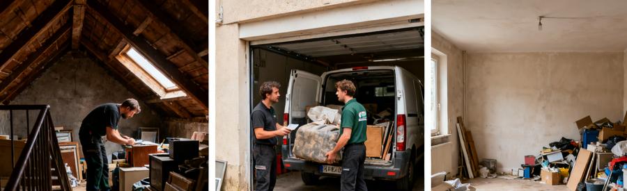 Scène de débarras illustrant la comparaison entre un grenier encombré et un garage dégagé à Chatou.