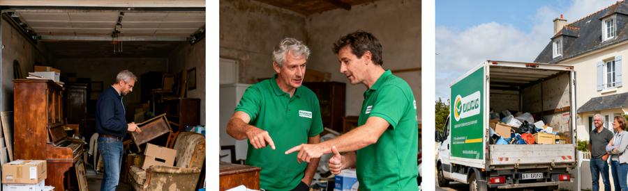 Trois scènes sur le débarras à Concarneau : évaluation, discussion entre pros et camionnette pleine d'objets.