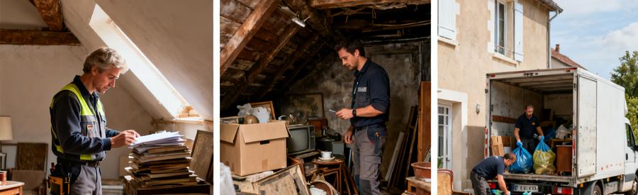 Professionnels évaluant un grenier et une cave pour un débarras à Riom, avec une camionnette à l'extérieur.
