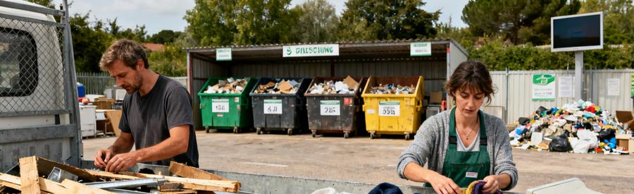 Professionnels du débarras à Angoulême triant des matériaux recyclables dans une déchetterie.