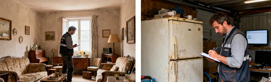 Un professionnel inspecte et évalue des objets dans un salon et un garage à La Teste-de-Buch pour un débarras.