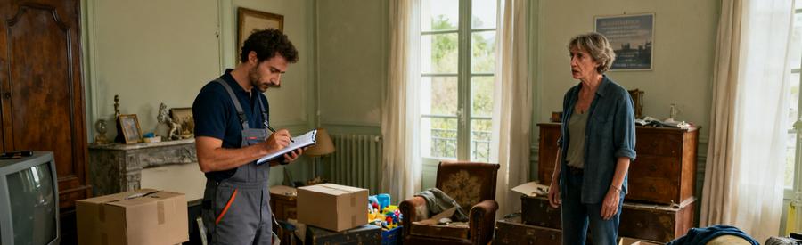 Un professionnel évalue des objets encombrants dans un salon de Charente-Maritime, regardant les meubles et cartons avec le client.