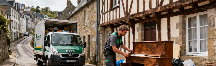 Un professionnel du débarras examine un meuble à Fougères, avec des maisons à colombages en arrière-plan.