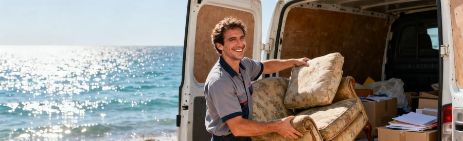 Un débarras professionnel à Frontignan charge des meubles dans une camionnette, avec la mer en arrière-plan.