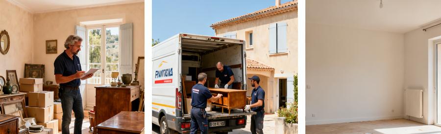 Trois scènes montrant le processus de débarras à Frontignan, de l'évaluation au chargement, jusqu'à l'espace vide.