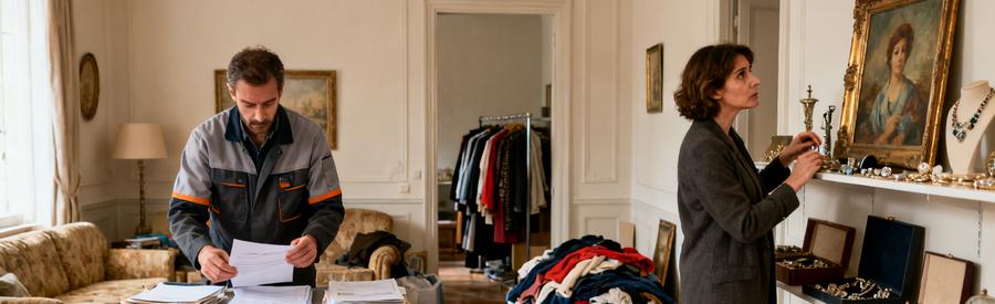 Professionnel et femme préparant un débarras dans un salon, triant papiers et objets de valeur avant l'intervention.