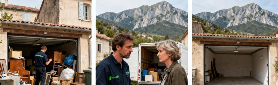 Avant/après d'un garage dans les Alpes-de-Haute-Provence lors d'un débarras professionnel.