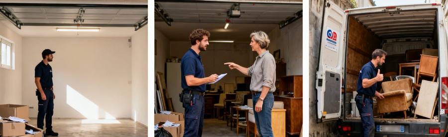 Scènes de débarras à Pertuis : garage propre, évaluation par un professionnel, chargement d'un camionnette à partir d'un sous-sol.