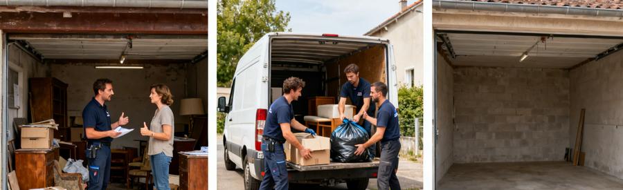 Dépôt de garage à Voiron avant le débarras, professionnels en action et espace dégagé après.