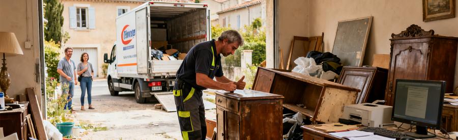 Un débarras professionnel à Gardanne, examinant des vieux meubles dans une maison avant le chargement dans un camion.