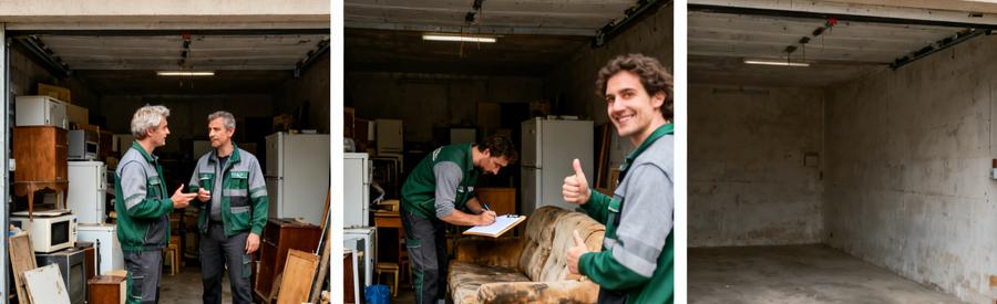 Un processus de débarras au Grand-Quevilly montrant des professionnels à l'œuvre dans un garage encombré et l'espace dégagé après intervention.
