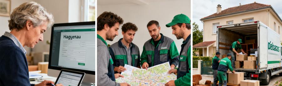Trois étapes du débarras à Haguenau : formulaire en ligne, discussion avec professionnels, chargement dans camion.