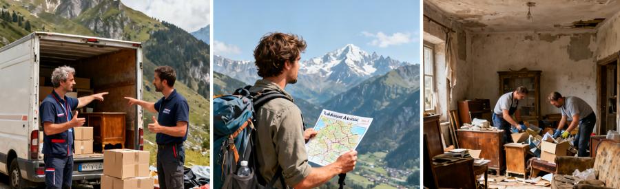 Professionnels du débarras en montagnes des Hautes-Alpes, discussions sur l'accès et le tri d'encombrants.
