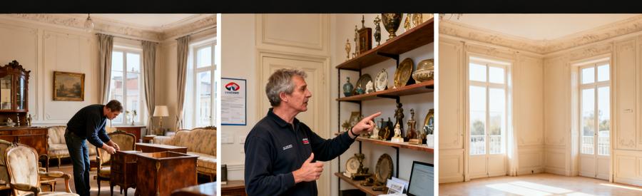 Professionnel évaluant des meubles anciens et objets de valeur dans un salon à Hénin-Beaumont pour un débarras gratuit.