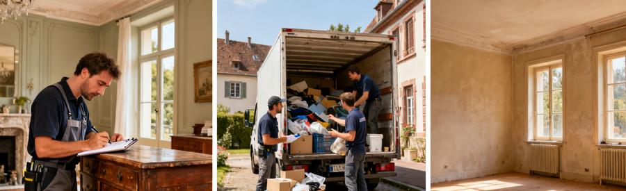 Scène de débarrassage à Illkirch-Graffenstaden, avec experts évaluant des meubles, chargent un camion et montrant un espace vide.