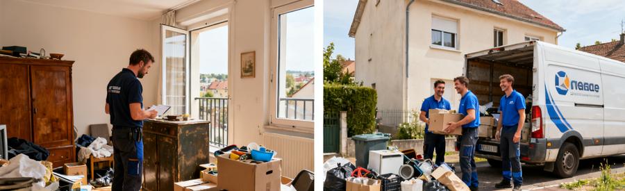 Deux scènes de débarras à Illzach, une appartement au 4ème étage et un pavillon de plain-pied avec une équipe de professionnels.