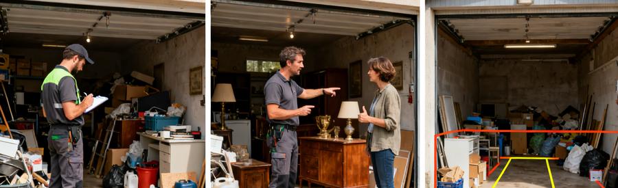 Débarrasseur professionnel évaluant un garage, discutant avec un client et montrant une zone de tri organisée.