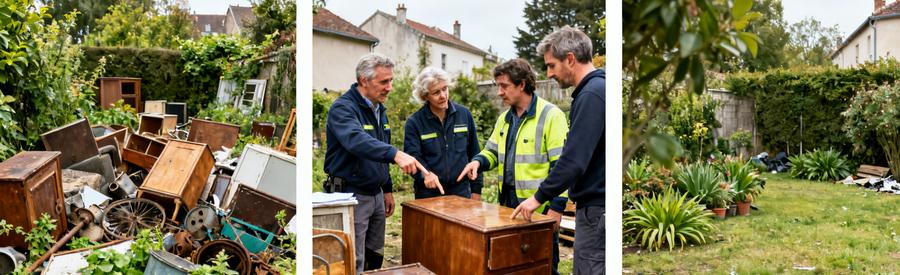 Accord entre débroussaillage du jardin et évaluation des objets à retirer, avant et après le débarras.