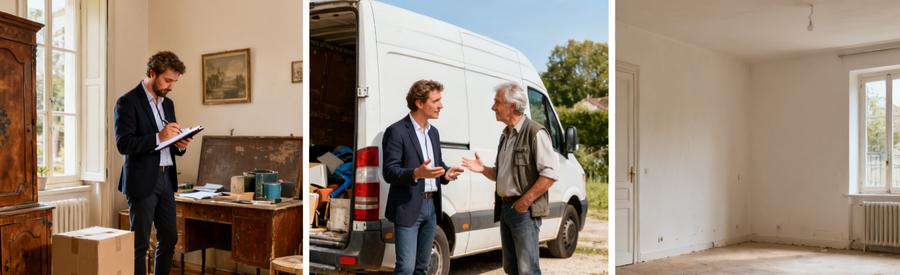 Déroulement d'un débarras professionnel à Joué-lès-Tours : évaluation, discussion, lieu dégagé.