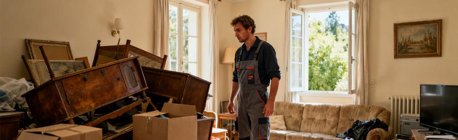 Un débarras professionnel inspecte des meubles et cartons dans un pavillon à Joué-lès-Tours, montrant son expertise.