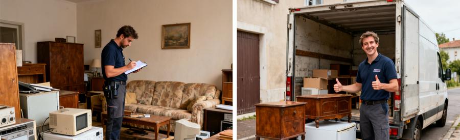 Un débarras professionnel à Joué-lès-Tours avec inspection d'objets valorisables et chargement dans une camionnette.