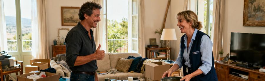 Professionnel du débarras à La Valette-du-Var évaluant des objets dans un salon encombré.