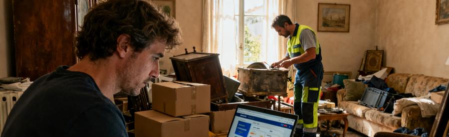 Une personne compare des services de débarras en ligne dans un salon encombré à La Valette-du-Var, avec des professionnels inspectant des objets.