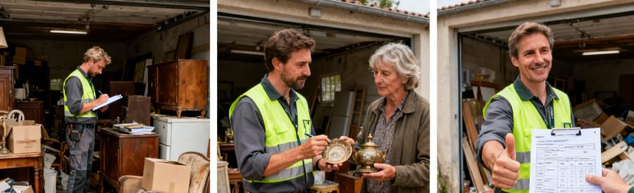 Débarras à Laval : professionnel inspectant un garage, échange avec un particulier, remise d'un chiffrage détaillé.