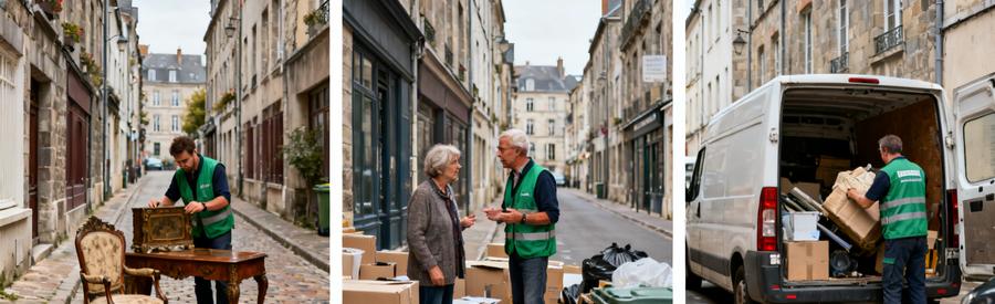 Scène de débarras à Laval, montrant des professionnels évaluant des objets dans des rues étroites et chargement de camionnette.