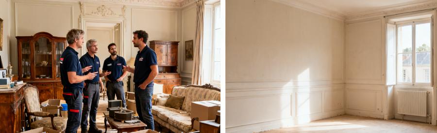 Débarras professionnel au Mans, équipe en action avant et après le nettoyage d'un salon.