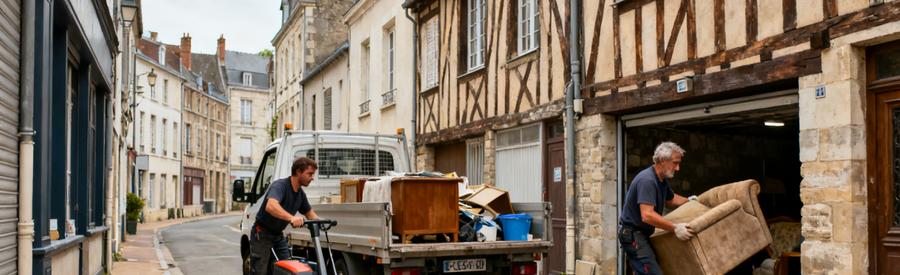 Débarrasseur professionnel dans une rue étroite de Lisieux, chargement d'un véhicule avec des meubles encombrants.