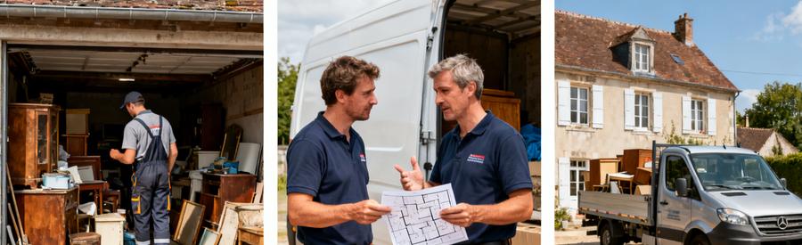 Professionnels évaluant un garage en Loir-et-Cher, pris en charge par des débarrasseurs pour un débarras organisé et efficace.